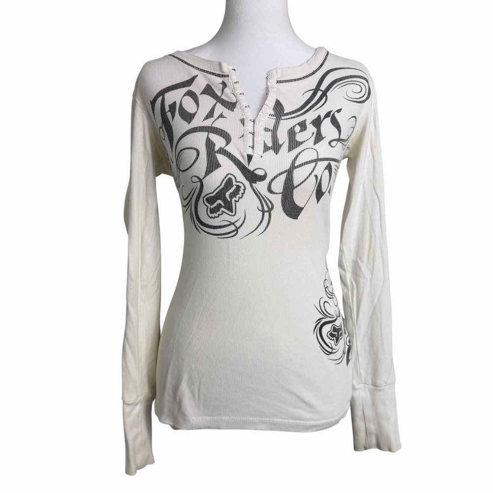 Y2K Fox Riders Women's White Thermal Long Sleeve Henley Tee Small VTG